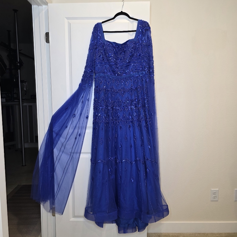 Serene Hill Beaded Elegant Blue Cape Sleeve Evening Gown - Size US 12 Large - Picture 6 of 17